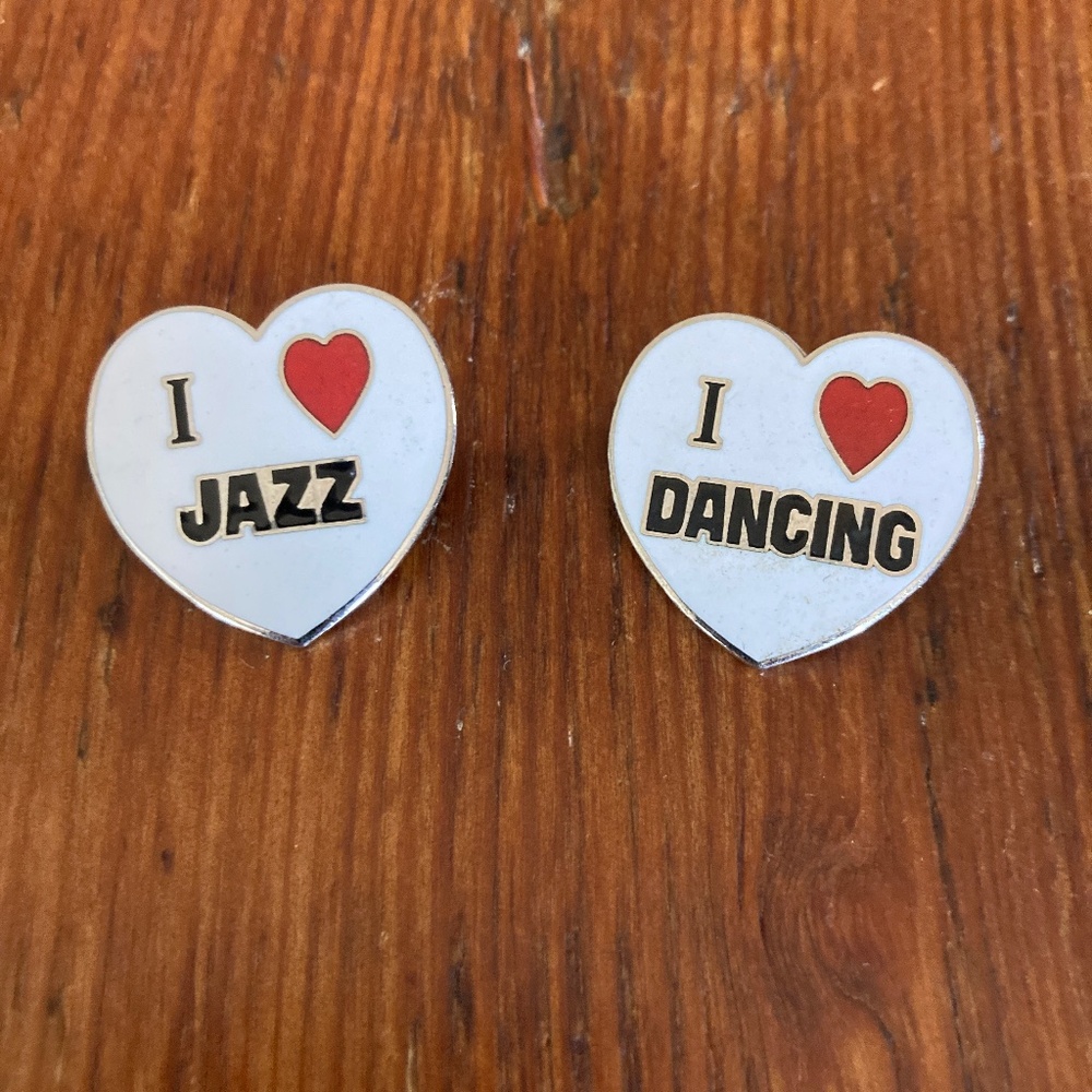 1980's Dance Pin Brooches, I Love Jazz and I Love Dancing, Silvertone, Vintage